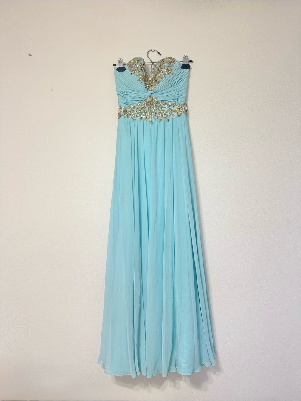 Sherri Hill Aqua Strapless Evening Gown with Gold Embellishment